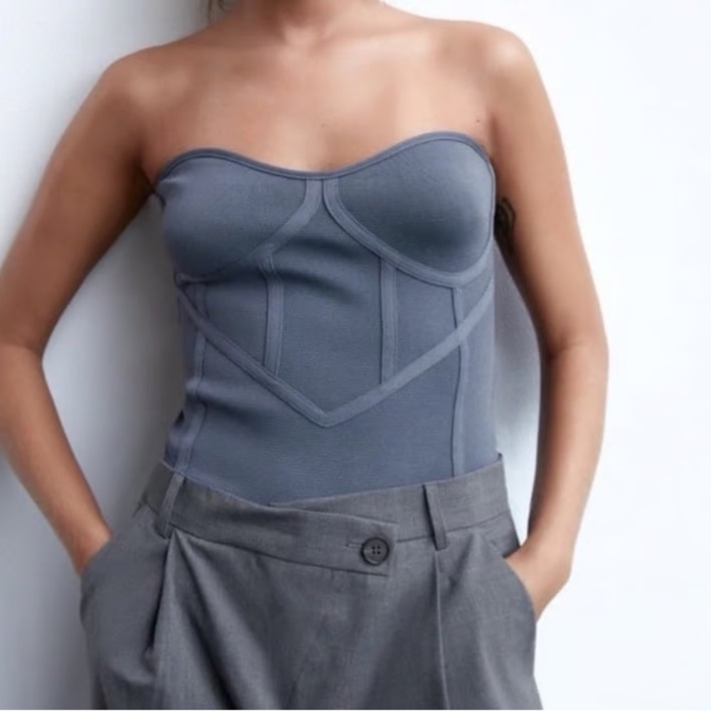 Zara Blue Bustier Stretch Strapless Top in Size XS